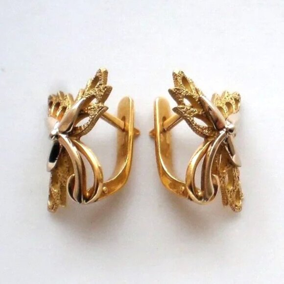 Vintage Original Russian Soviet USSR 18K 750 Yellow White Gold Leaf EARRINGS - Picture 3 of 5